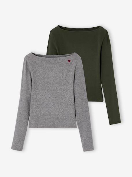 Pack of 2 Ribbed T-Shirts for Girls, JONEN bordeaux red+English green+marl grey - vertbaudet enfant 