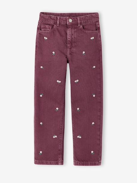 Embroidered girl's mom fit trouser grey green+plum+rosy - vertbaudet enfant 