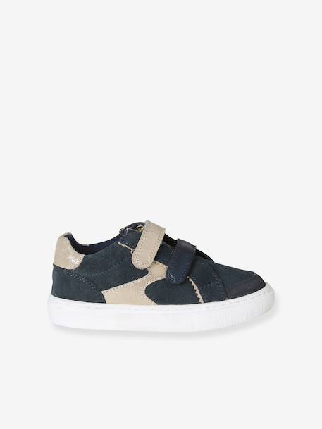 Hook-and-Loop Leather Trainers for Children, Designed for Autonomy ecru+navy blue+printed white - vertbaudet enfant 