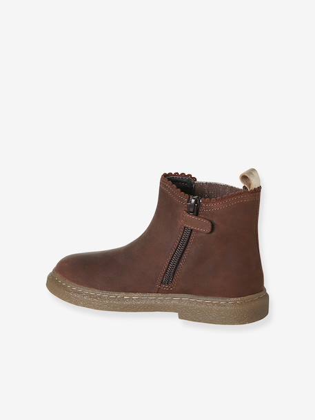Leather zip-up ankle boots for kids brown+golden yellow - vertbaudet enfant 