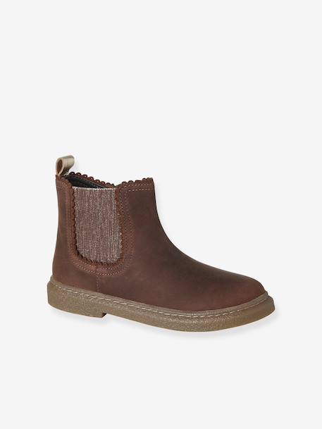 Leather zip-up ankle boots for kids brown+golden yellow - vertbaudet enfant 
