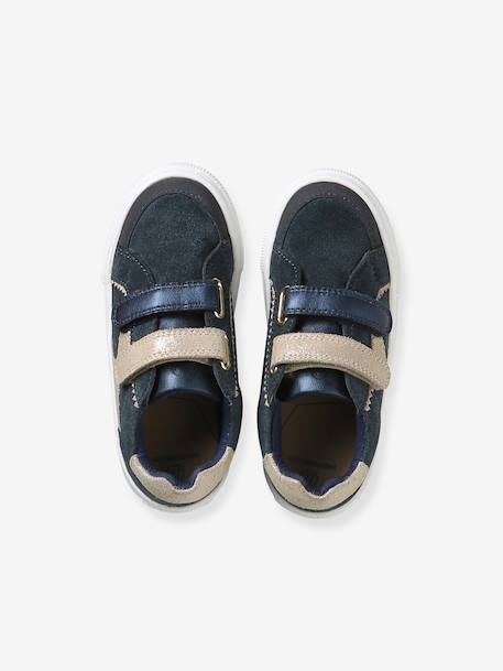 Hook-and-Loop Leather Trainers for Children, Designed for Autonomy ecru+navy blue+printed white - vertbaudet enfant 