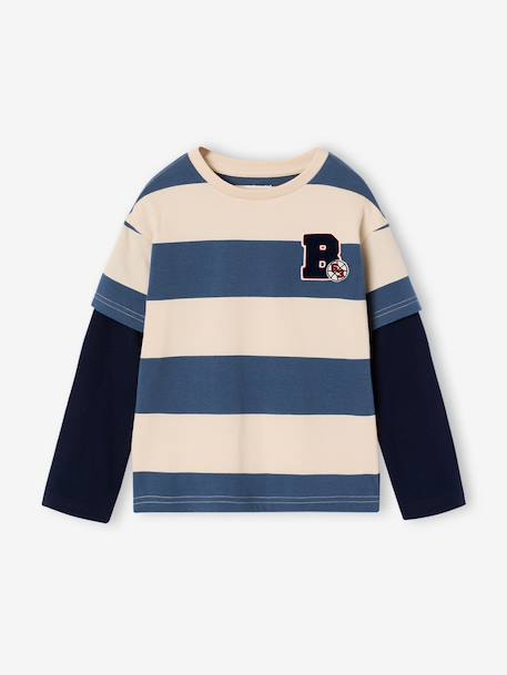 Striped T-Shirt with a Double-Sleeve Effect medium blue+striped green+striped red - vertbaudet enfant 