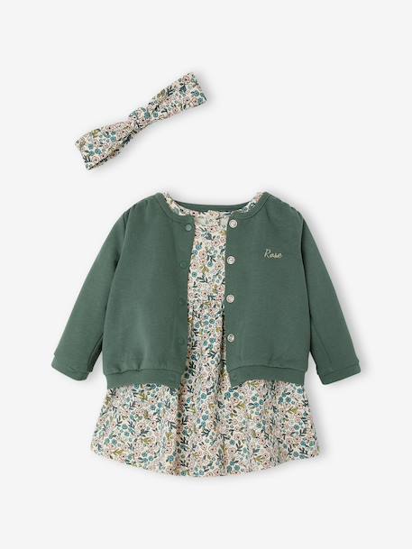 Ensemble bébé fille 3 pièces robe cardigan bandeau bleu grisé+vert+vieux rose - vertbaudet enfant 