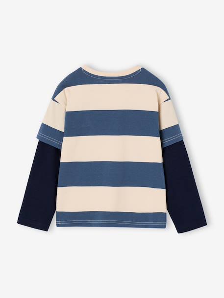 Striped T-Shirt with a Double-Sleeve Effect medium blue+striped green+striped red - vertbaudet enfant 