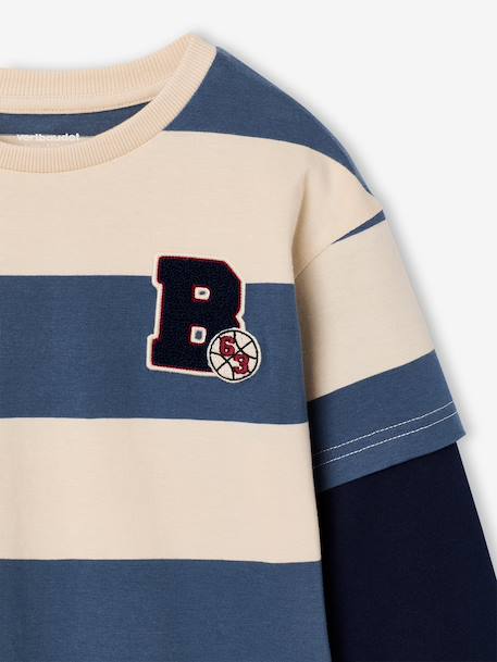Striped T-Shirt with a Double-Sleeve Effect medium blue+striped green+striped red - vertbaudet enfant 