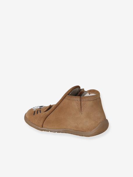 Soft leather baby slippers with zip brown+sage green - vertbaudet enfant 