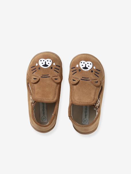 Soft leather baby slippers with zip brown+sage green - vertbaudet enfant 