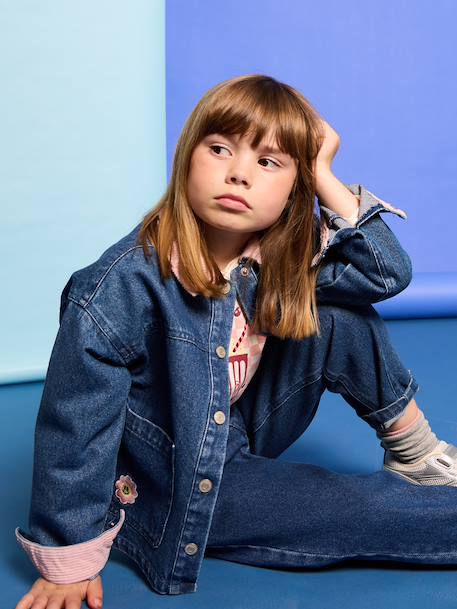 Denim jacket with corduroy collar for girls medium blue - vertbaudet enfant 