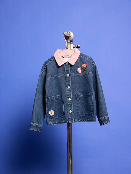 Denim jacket with corduroy collar for girls medium blue - vertbaudet enfant 