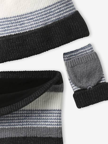 Striped Beanie + Snood + Gloves Set for Boys BLUE DARK TWO COLOR/MULTICOL+grey - vertbaudet enfant 