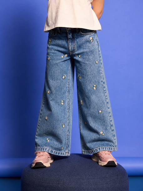 Embroidered Susan wide-leg jeans for girls bleached denim+deep blue+denim blue+medium blue - vertbaudet enfant 