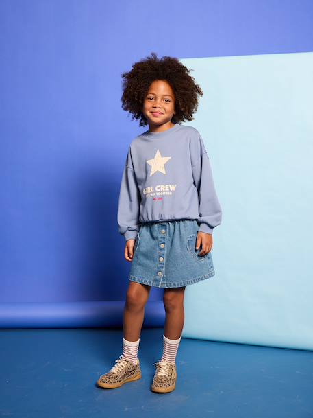 Sweat fille col rond manches longues bleu chambray+gris chiné - vertbaudet enfant 