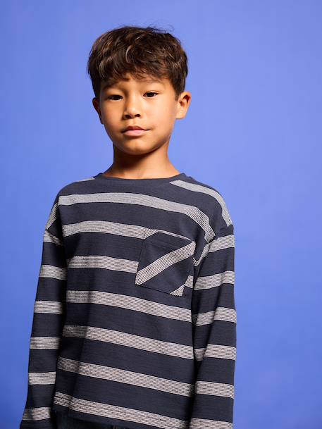 Tee-shirt manches longues effet rayé garçon marine+rayé blanc - vertbaudet enfant 