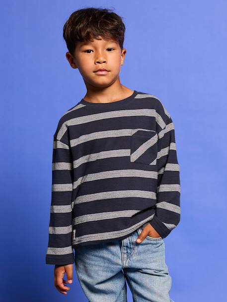 Tee-shirt manches longues effet rayé garçon marine+rayé blanc - vertbaudet enfant 
