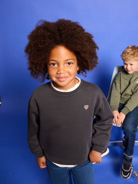 Basics Sweatshirt with Motif for Girls anthracite+coral+peony pink+purple clover+sage+vanilla+violet - vertbaudet enfant 