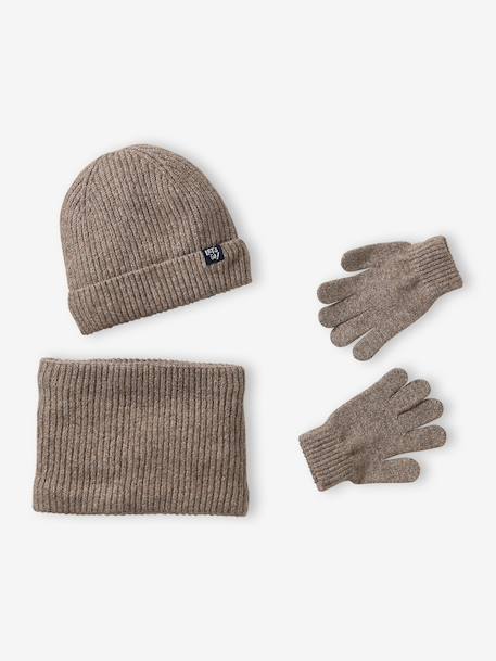 Hat, snood and gloves set for boys taupe - vertbaudet enfant 