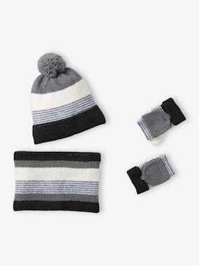 Boys-Striped Beanie + Snood + Gloves Set for Boys