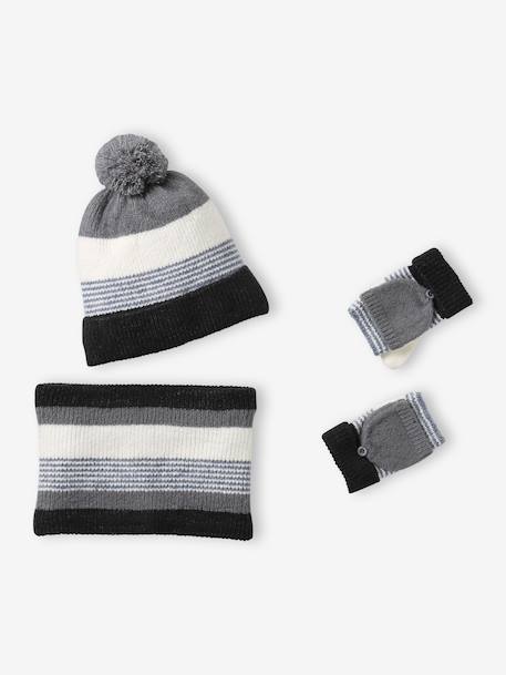 Striped Beanie + Snood + Gloves Set for Boys BLUE DARK TWO COLOR/MULTICOL+grey - vertbaudet enfant 
