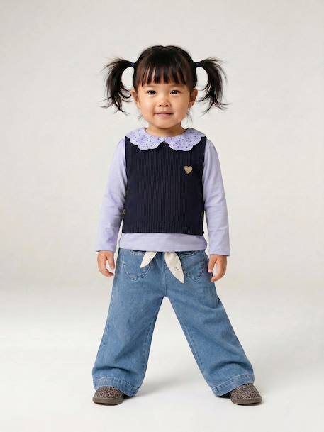 Wide Leg Jeans with Tie Belt, for Babies brut denim+stone - vertbaudet enfant 