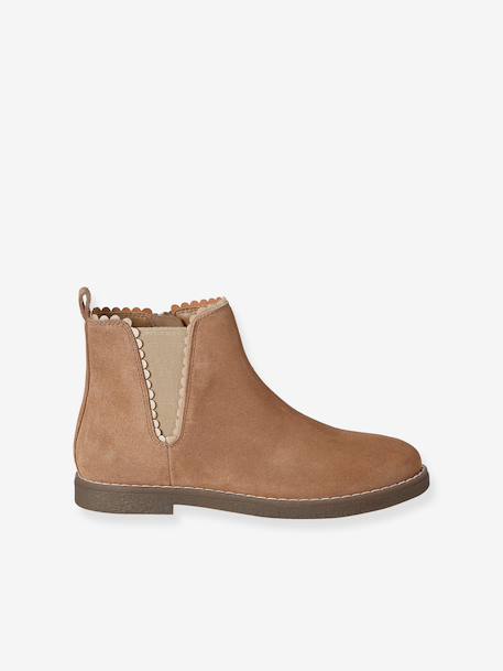 Leather Boots with Elastic, for Girls camel+gold+navy blue - vertbaudet enfant 