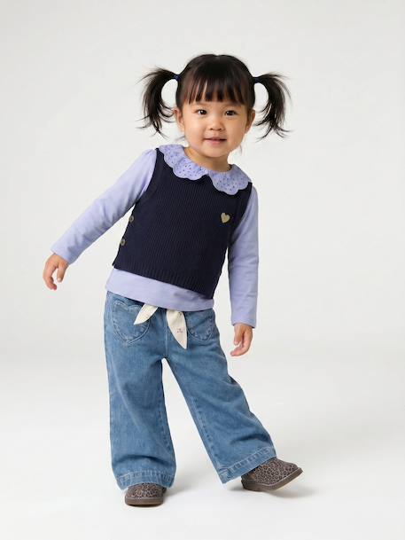 Long Sleeve Top with Embroidered Collar, for Babies BEIGE LIGHT SOLID+blue+striped navy blue+striped red - vertbaudet enfant 