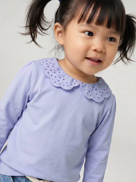 Long Sleeve Top with Embroidered Collar, for Babies BEIGE LIGHT SOLID+blue+striped navy blue+striped red - vertbaudet enfant 