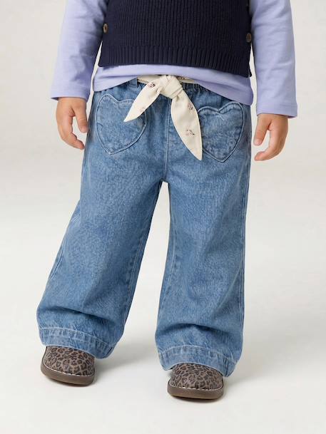 Wide Leg Jeans with Tie Belt, for Babies brut denim+stone - vertbaudet enfant 