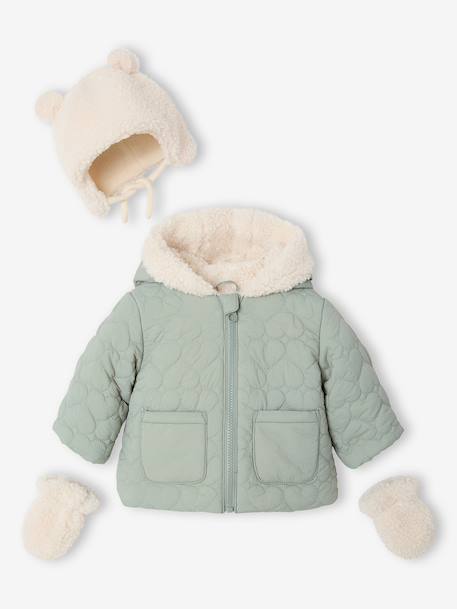 Puffer jacket with hat and mittens for baby girls sage green - vertbaudet enfant 
