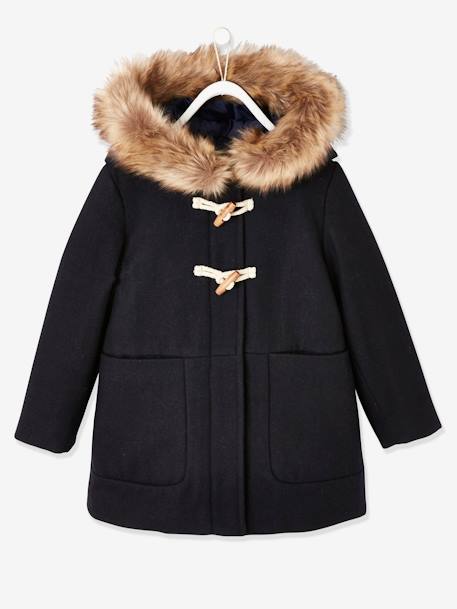Hooded Duffel Coat with Toggles, in Woollen Fabric, for Girls Dark Blue+RED DARK SOLID WITH DESIGN - vertbaudet enfant 