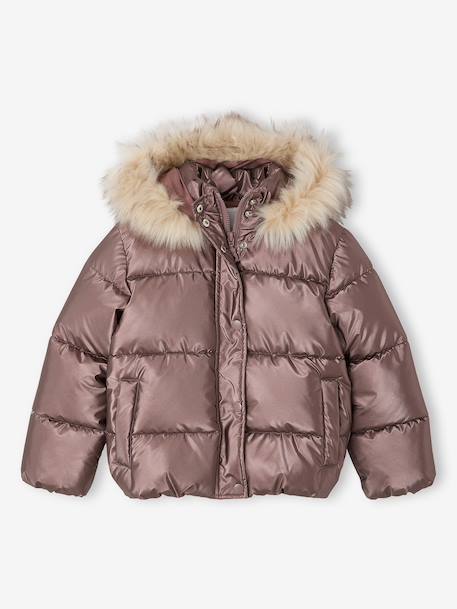 Padded Jacket with Hood & Polar Fleece Lining for Girls anthracite+gold+mauve+rosy - vertbaudet enfant 