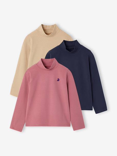 Lot de 3 tee-shirts BASICS à col montant fille bois de rose+mauve - vertbaudet enfant 