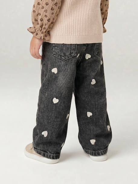 Wide-leg jeans with small embroidered hearts denim grey+double stone+stone - vertbaudet enfant 