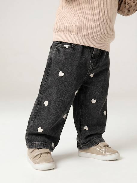 Jean large bébé fille petits coeurs brodés denim gris+double stone+stone - vertbaudet enfant 