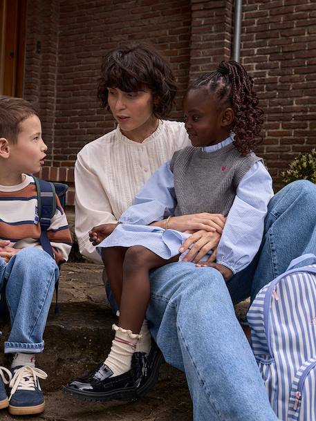 Robe-chemise fille effet 2 en 1 écru+gris chiné+marine - vertbaudet enfant 