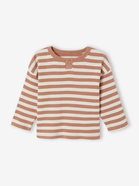 Long-sleeved striped T-shirt for baby cappuccino+khaki - vertbaudet enfant 