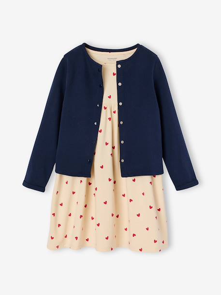 Ensemble fille cardigan et robe imprimée fleurs camel+marine+vert de gris - vertbaudet enfant 
