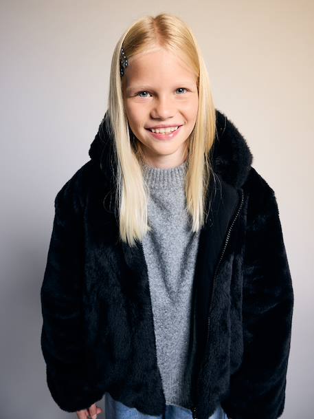 Faux fur jacket for girls black - vertbaudet enfant 