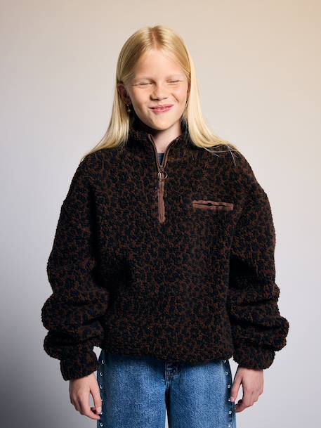 Sherpa sweatshirt with zipped high neck for girls chocolate - vertbaudet enfant 