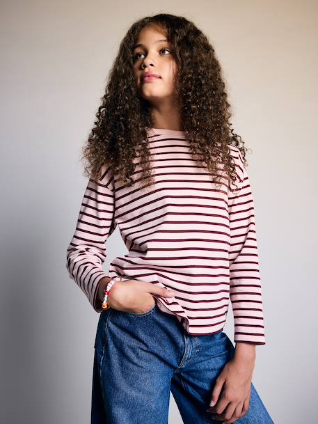 Long-sleeved striped T-shirt for girls dusky pink+ecru - vertbaudet enfant 