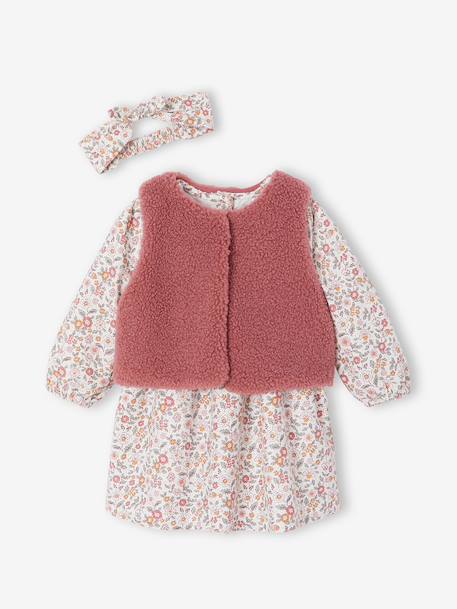 Coffret bébé robe + gilet + bandeau vanille+vieux rose - vertbaudet enfant 