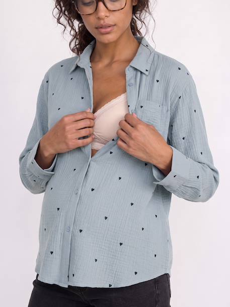 Embroidered Cotton Muslin Shirt, Maternity & Nursing chambray blue+white - vertbaudet enfant 