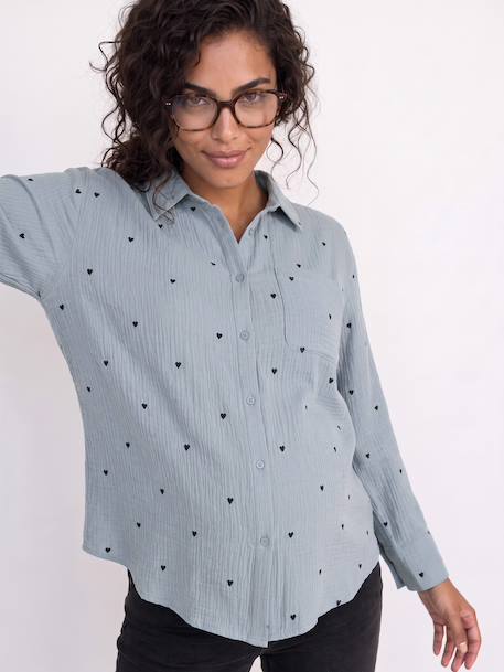 Chemise gaze de coton brodé FM grossesse et allaitement blanc+bleu chambray - vertbaudet enfant 
