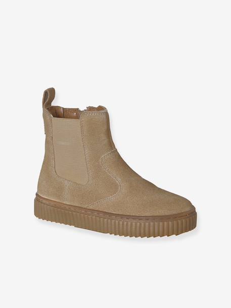 Leather Chelsea Boots with Elastic & Zip for Boys beige+navy blue - vertbaudet enfant 