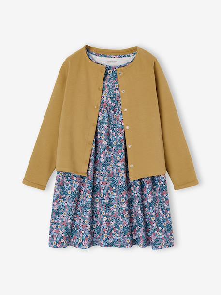 Dress & Jacket Outfit with Floral Print for Girls camel+grey green+navy blue+pale yellow - vertbaudet enfant 