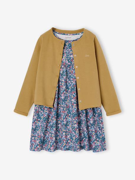Dress & Jacket Outfit with Floral Print for Girls camel+grey green+navy blue+pale yellow - vertbaudet enfant 