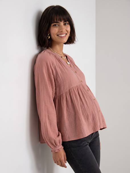 Blouse in Organic Cotton Gauze* for Maternity & Nursing dusky pink+sage green - vertbaudet enfant 