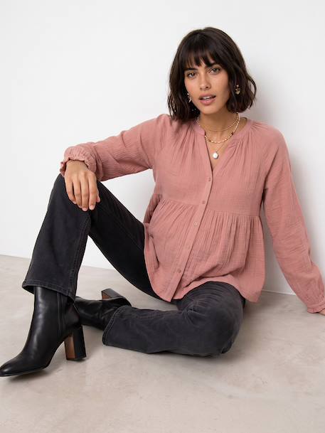 Blouse in Organic Cotton Gauze* for Maternity & Nursing dusky pink+sage green - vertbaudet enfant 