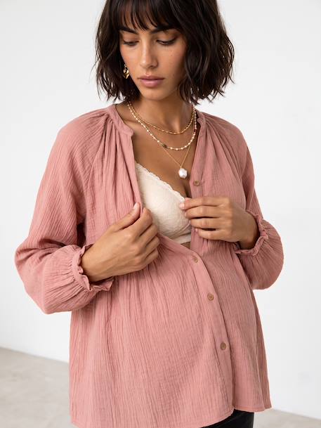 Blouse in Organic Cotton Gauze* for Maternity & Nursing dusky pink+sage green - vertbaudet enfant 