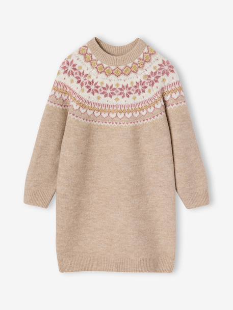 Jacquard knit dress with long sleeves for girls camel+rosy+sage green - vertbaudet enfant 